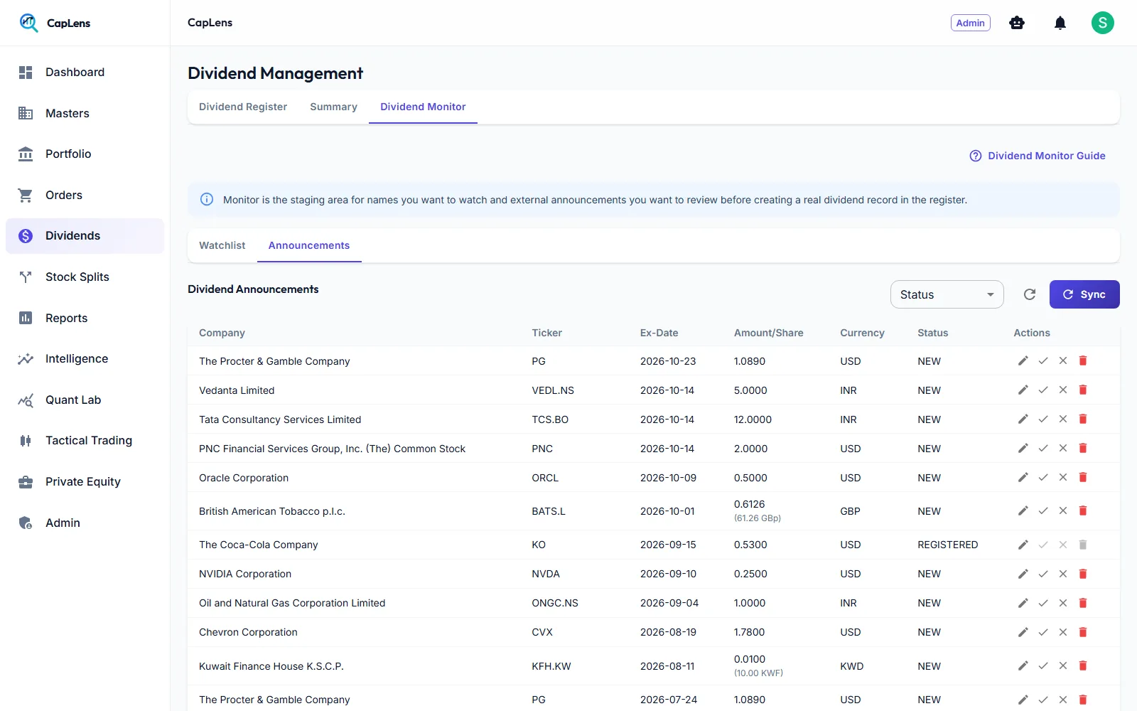 Dividend announcements with ex-date, amount, currency and status