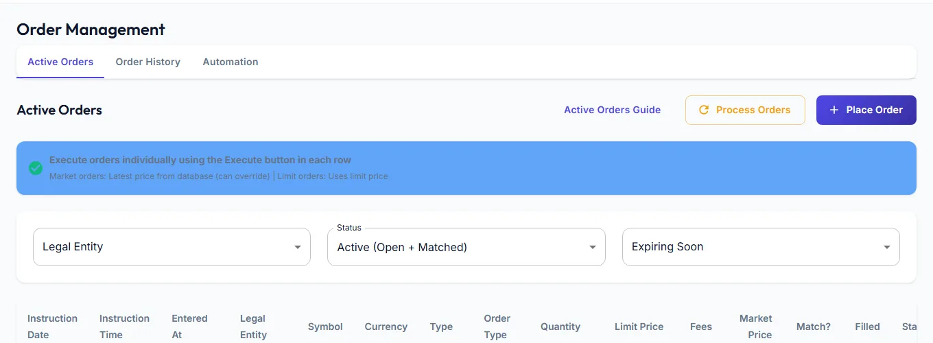 Order management screen with Place Order, Process Orders and status filters