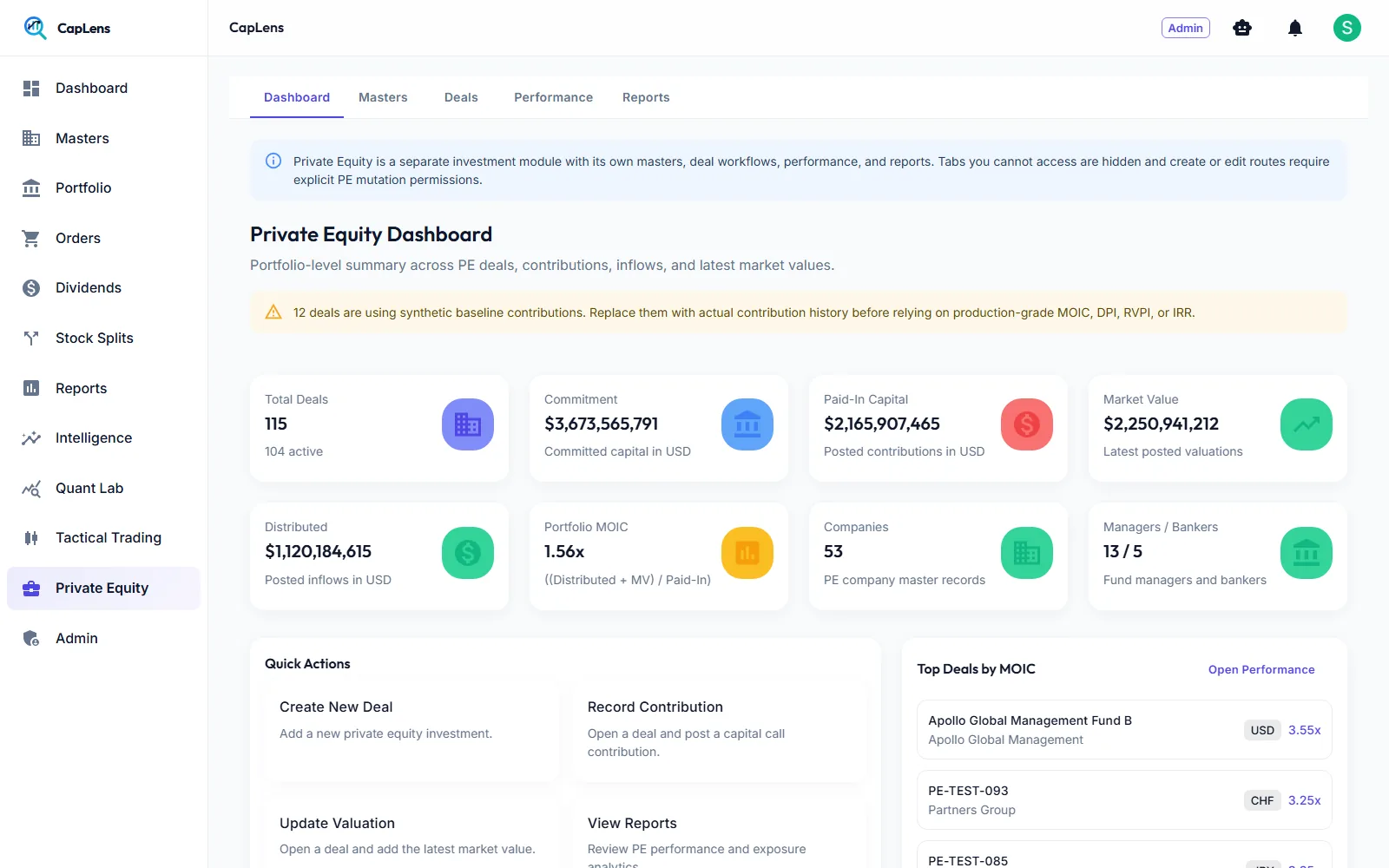 Private equity dashboard with total deals, commitment, paid-in capital, market value and MOIC