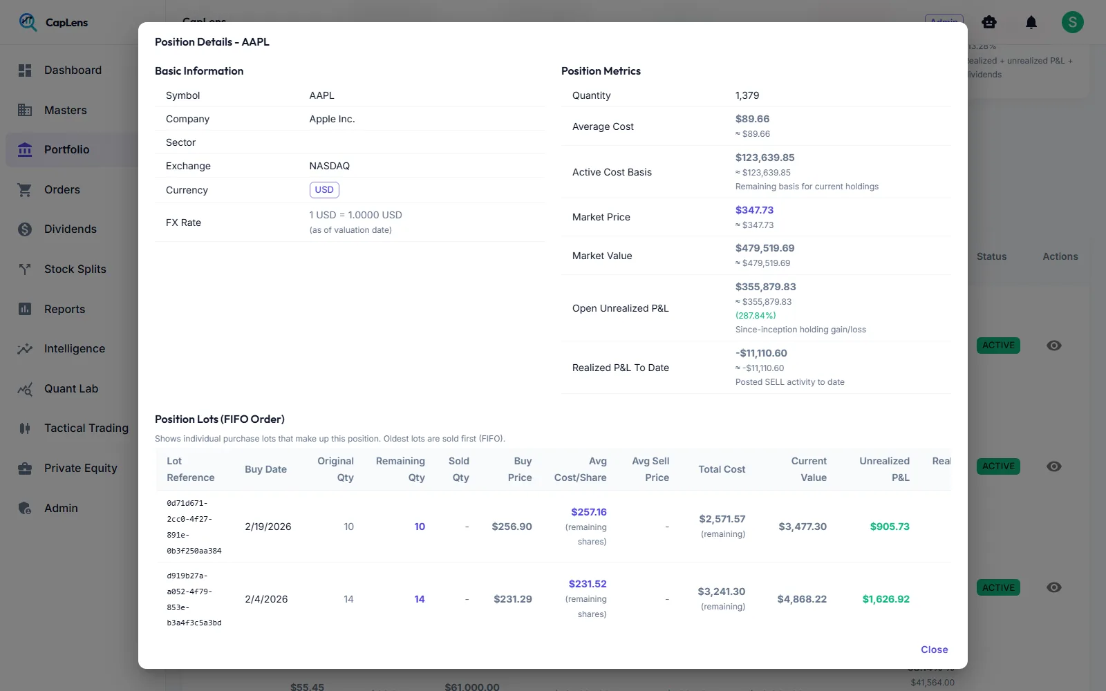 Position details dialog listing every FIFO lot