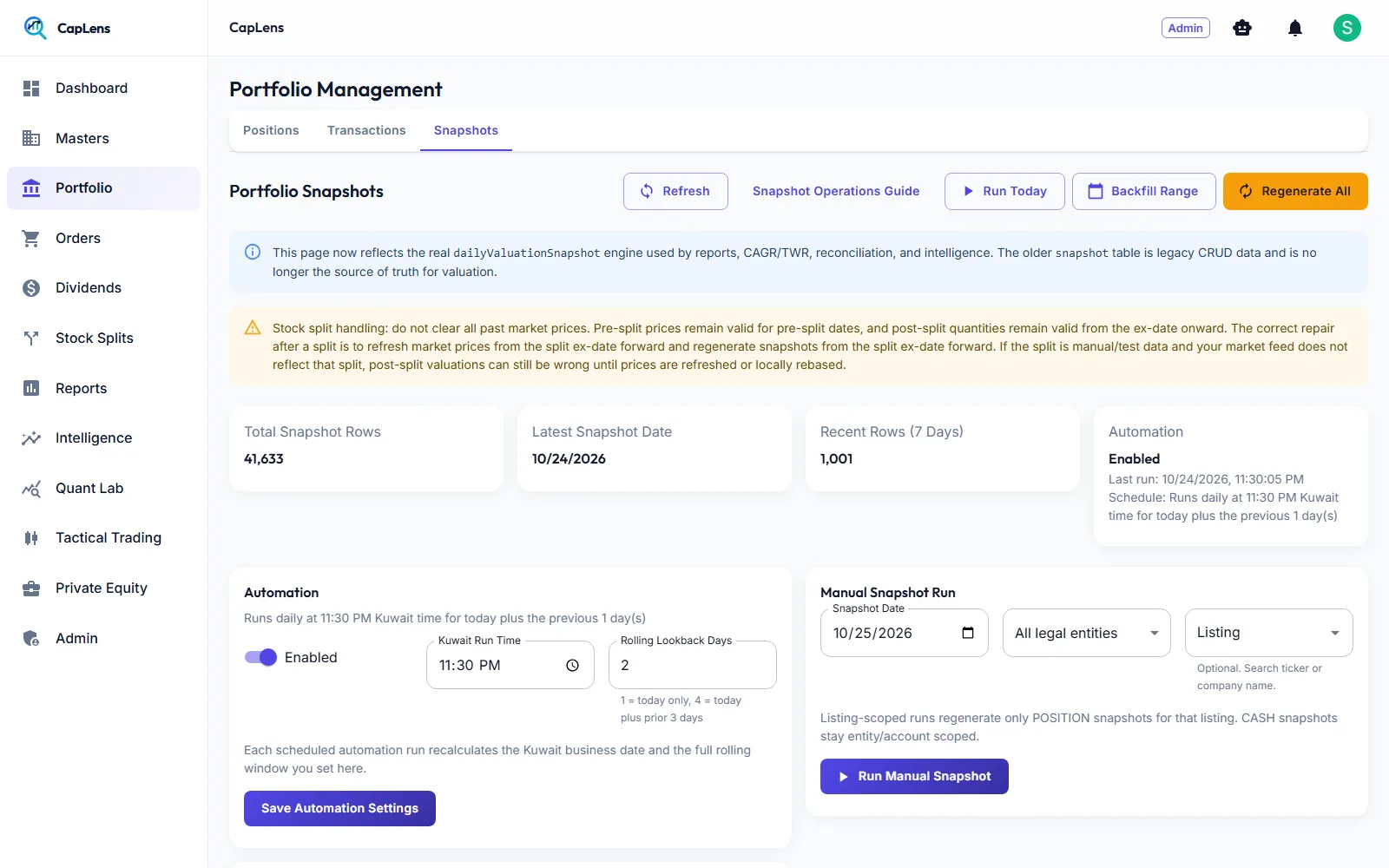 Portfolio snapshots page with automation settings, manual run and date-range backfill