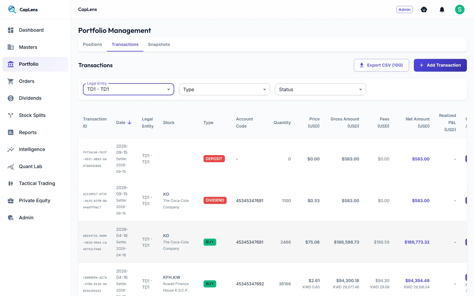 Transactions table with buys, sells, dividends and deposits