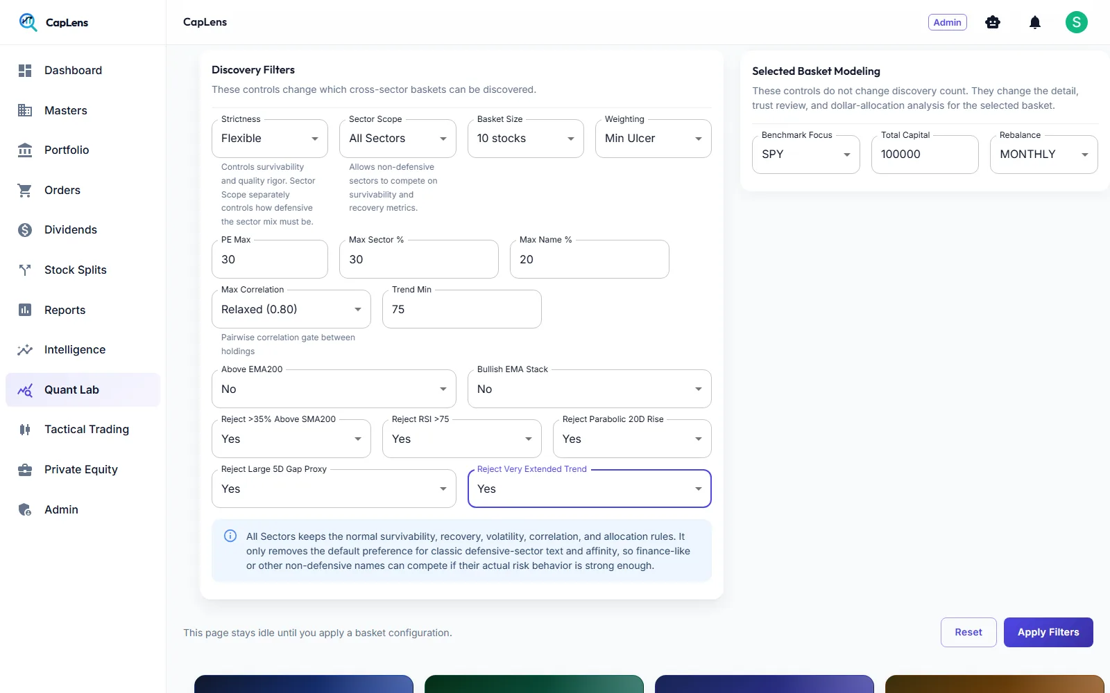 Discovery filters for strictness, sector scope, basket size, weighting, PE, sector and name caps, correlation and rejection rules