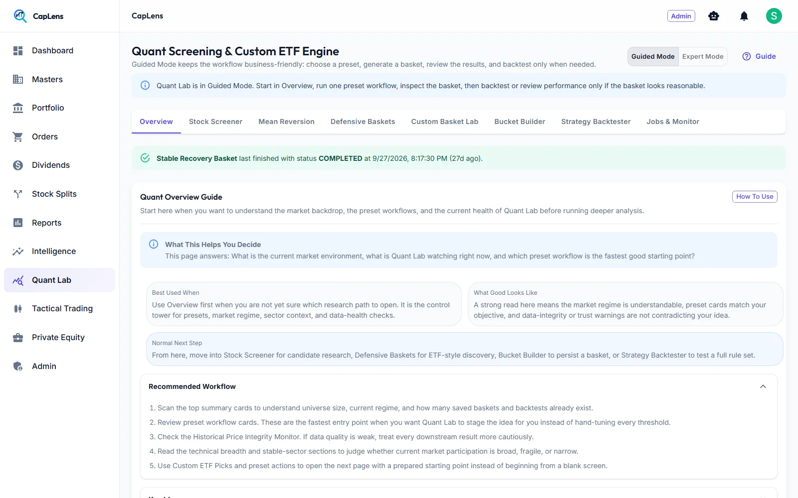 Quant Lab overview with presets, market regime and workflow guidance