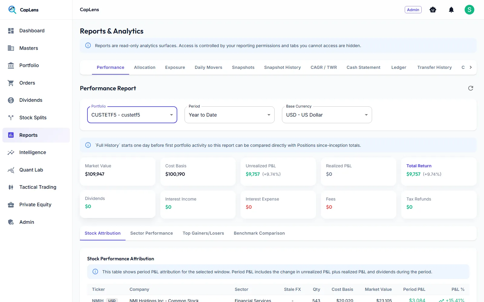Performance report with market value, cost basis, unrealised profit and stock attribution